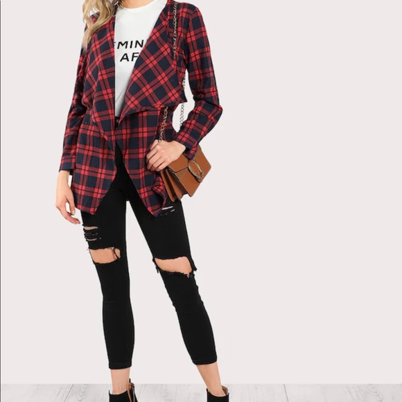 Plaid Waterfall Coat Jacket Red Navy Blue - Picture 5 of 6